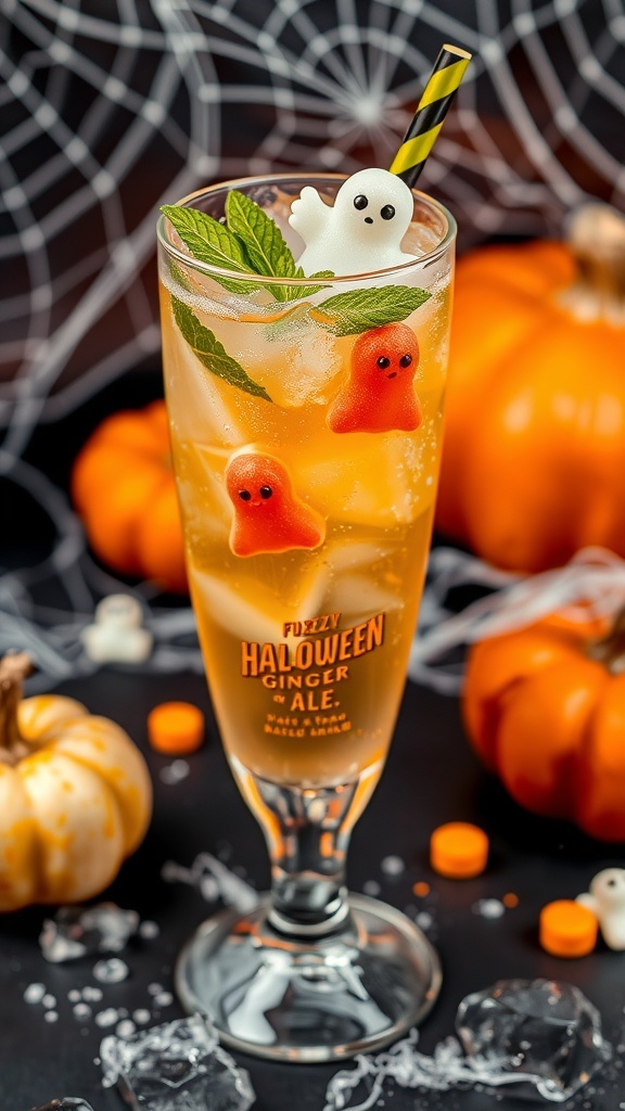 A refreshing glass of Ghostly Ginger Ale with mint and gummy ghosts, set against a Halloween backdrop.